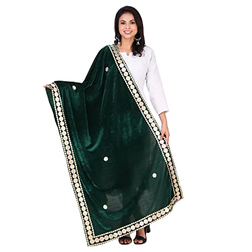 TreegoArt Fashion Damen Samtmischung Bestickte Gota Pati Spitzenbordüre Dupatta Chunni -(Flaschengrün) von TreegoArt Fashion