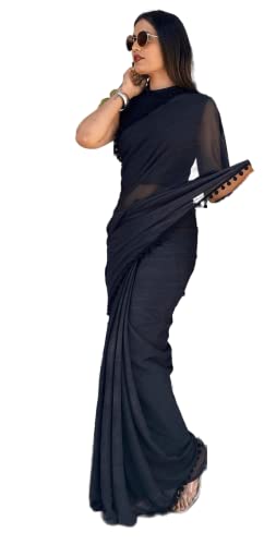 TreegoArt Fashion Damen-Saree aus Georgette mit Pom-Pom-Spitze und ungesticktem Blusenteil -(Zomato Black) von TreegoArt Fashion