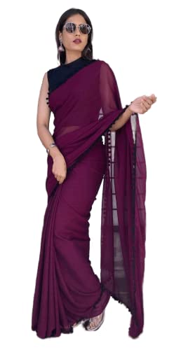 TreegoArt Fashion Damen-Saree aus Georgette mit Pom-Pom-Spitze und ungesticktem Blusenteil -(Zomato Jamli) von TreegoArt Fashion