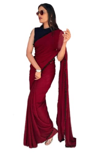 TreegoArt Fashion Damen-Saree aus Georgette mit Pom-Pom-Spitze und ungesticktem Blusenteil -(Zomato Red) von TreegoArt Fashion