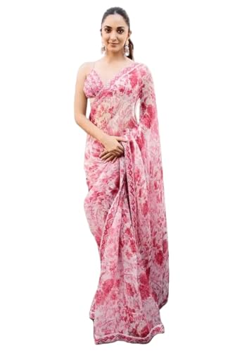 TreegoArt Fashion Damen Saree aus reinem Georgette mit Blumenmuster und ungesticktem Blusenteil -(Kiara Pink) von TreegoArt Fashion