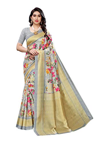 TreegoArt Fashion Frauen, s Kalamkari Art Seide bedruckte Saree mit ungestickten Bluse Stück- (Grey) von TreegoArt Fashion