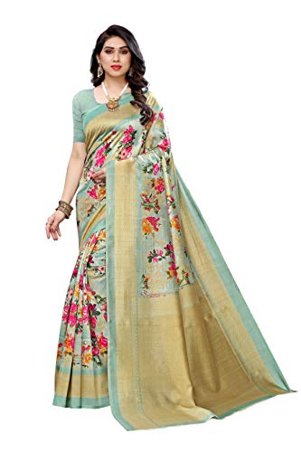 TreegoArt Fashion Frauen, s Kalamkari Art Seide bedruckte Saree mit ungestickten Bluse Stück- (Light Green) von TreegoArt Fashion