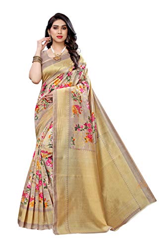 TreegoArt Fashion Frauen, s Kalamkari Art Seide bedruckte Saree mit ungestickten Bluse Stück (Mustard) von TreegoArt Fashion