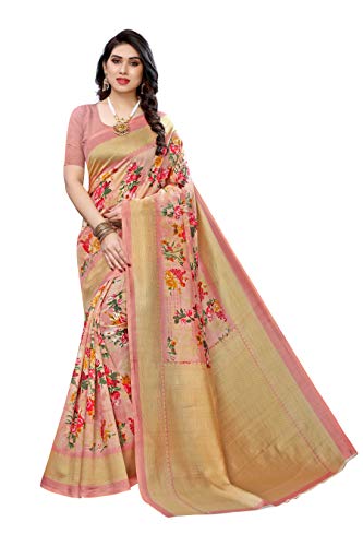 TreegoArt Fashion Frauen, s Kalamkari Art Seide bedruckte Saree mit ungestickten Bluse Stück (Peach) von TreegoArt Fashion