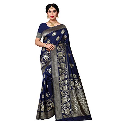 TreegoArt Fashion Frauen, s Kanjivaram Jacquard Seide Blume gedruckt Saree mit ungenähten Bluse Stück- (Silk Flower Nevy) von TreegoArt Fashion