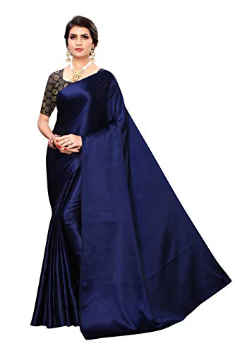 TreegoArt Fashion Frauen, s Satin Plain Saree mit nicht genähten Bluse Stück (Dust Nevy_Navy) von TreegoArt Fashion