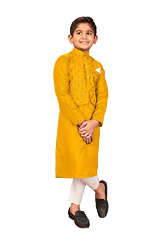 TreegoArt Fashion Pure Cotton Ethnic Wear Kids Kurta Pyjama Set mit Knopf für Jungen -(Squirrel605-Yellow-28) von TreegoArt Fashion