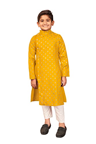 TreegoArt Fashion Reine Baumwolle Tradional Kinder Kurta Pyjama Set Foliendruck Butti und Tasche mit Knopf für Jungen (Squirrel505-Yellow-36) von TreegoArt Fashion