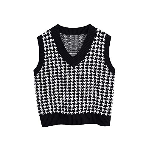 Damen Elegant Pullover Strickweste, Treer Frauen Pullunder Ärmellos V-Ausschnitt Hahnentritt Gitter Weste Top Sweater Pullover Teenager Mädchen Streetwear (Schwarz,M) von Treer-shop