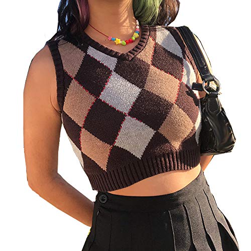 Damen Elegant Pullover Strickweste, Treer Frauen Pullunder Ärmellos V-Ausschnitt Kariert Weste Top Sweater Pullover Teenager Mädchen Streetwear (Braun,S) von Treer-shop