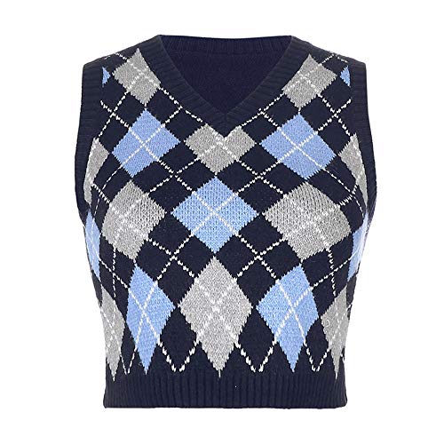 Damen Elegant Pullover Strickweste, Treer Frauen Pullunder Ärmellos V-Ausschnitt Kariert Weste Top Sweater Pullover Teenager Mädchen Streetwear (Navy blau,S) von Treer-shop
