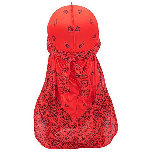 Treer Seide Kopftuch Herren Damen Paisley-Druck Hip-Hop Durag mit Long Tail, Piratenkappe Einstellbar Stirnband Kopfbedeckung Bandana Fahrrad Motorrad Headwraps (Rot,100cm) von Treer-shop