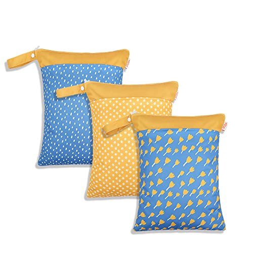Treer 3 Stück Wetbag Kindergarten, Stoffwindeln Nasstaschen Baby Wetbag Wasserdicht Waschbar Kleinkind Windeln Organizer Beutel mit Reißverschluss (Blau+Gelb,30x40cm) von Treer