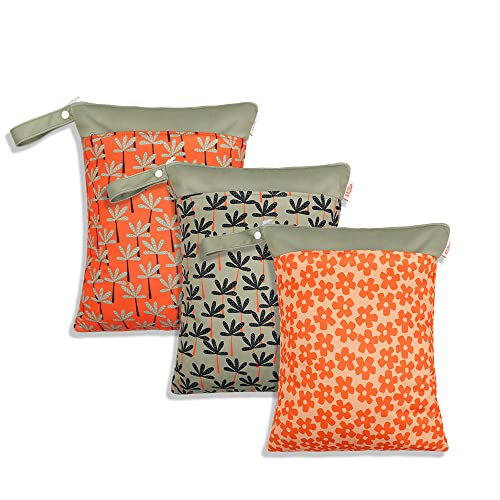 Treer 3 Stück Wetbag Kindergarten, Stoffwindeln Nasstaschen Baby Wetbag Wasserdicht Waschbar Kleinkind Windeln Organizer Beutel mit Reißverschluss (Rot Geblümt,30x40cm) von Treer