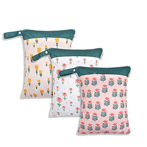 Treer 3 Stück Wetbag Kindergarten, Stoffwindeln Nasstaschen Baby Wetbag Wasserdicht Waschbar Kleinkind Windeln Organizer Beutel mit Reißverschluss (Grüner Garten,30x40cm) von Treer