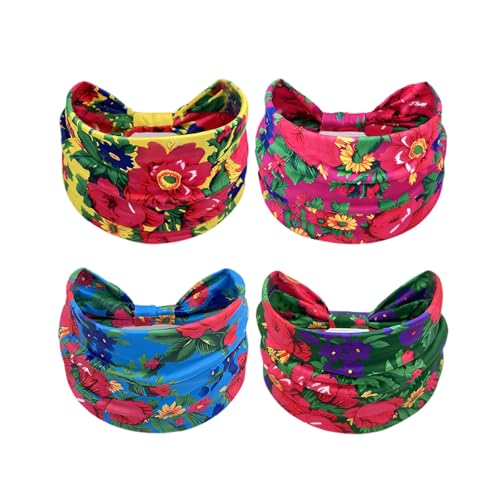 Treer 4 Stück Haarband Damen, Weiches Boho Stirnband Damen, Extra Breit Elastische Kopftuch, Sommer Mehrfarbig Stirnband Sport, Haarbänder Frauen für Lauf Yoga Fitness (Bunte Blume 2,24x15cm) von Treer