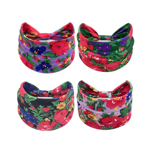 Treer 4 Stück Haarband Damen, Weiches Boho Stirnband Damen, Extra Breit Elastische Kopftuch, Sommer Mehrfarbig Stirnband Sport, Haarbänder Frauen für Lauf Yoga Fitness (Bunte Blume 6,24x15cm) von Treer