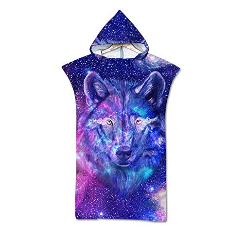 Treer Badeponcho Strand Poncho Strandtücher Handtuch, Schnelltrockend 3D Wolf Tierdruck Bade Bademantel Badetuch Duschtücher mit Kapuze Für Umziehhilfe beim Wassersport (75X110cm,Blauer König) von Treer