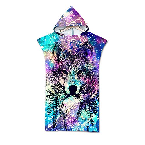 Treer Badeponcho Strand Poncho Strandtücher Handtuch, Schnelltrockend 3D Wolf Tierdruck Bade Bademantel Badetuch Duschtücher mit Kapuze Für Umziehhilfe beim Wassersport (75X110cm,Bunte Nation) von Treer