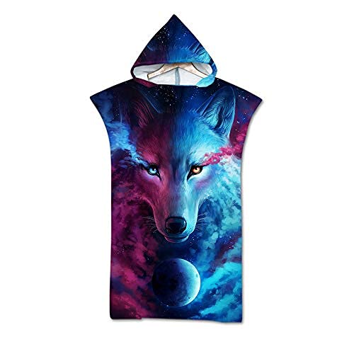 Treer Badeponcho Strand Poncho Strandtücher Handtuch, Schnelltrockend 3D Wolf Tierdruck Bade Bademantel Badetuch Duschtücher mit Kapuze Für Umziehhilfe beim Wassersport (75X110cm,Lila Planet) von Treer