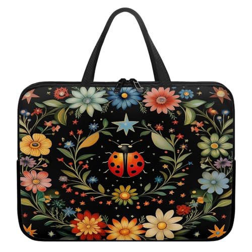 Treer Blumen Marienkäfer-Druck Laptoptasche,Handtasche Damen Herren, Laptop Tasche mit Reißverschluss, Wasserdichte Laptop Rucksack, Notebook Tasche für Reisen/Business/Schule (Blumen 2,12 Zoll) von Treer