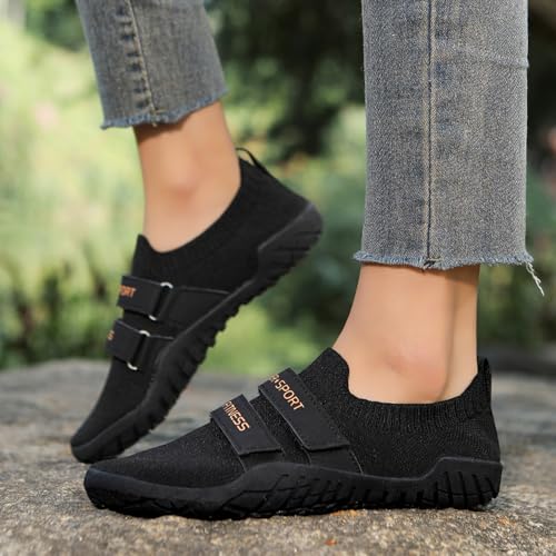 Treer Breite Barfußschuhe Herren Damen, Barfussschuhe rutschfest Haken und Schlaufe Barfußschuhe Flache Barfussschuhe Sommer Minimalistische Trekkingschuhe (Schwarz,43) von Treer