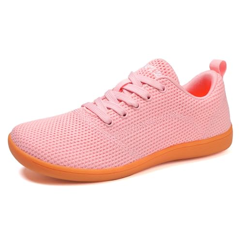 Treer Breite Barfußschuhe Herren Damen, rutschfest Barfussschuhe Lässig Barfußschuhe Atmungsaktives Netzgewebe Barfussschuhe, Minimalistische Trekkingschuhe (Rosa 1,43) von Treer