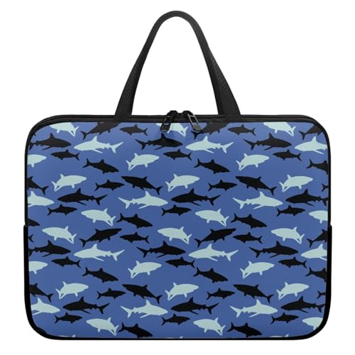 Treer Cartoon-Hai Druck Laptoptasche, Handtasche Damen Herren, Laptop Tasche mit Reißverschluss, Wasserdichte Laptop Rucksack,Notebook Tasche für Reisen/Business/Schule (Dunkelblau,13 Zoll) von Treer