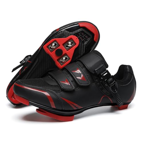 Treer Fahrradschuhe Herren, Rennradschuhe Schuhe Look SPD Cleats 40-46 EU Rennrad Schuh Mountain Bikes Schuhe Kompatibel Outdoor Radschuhe Fahrrad Indoor Spin (Schwarz-Rot,41) von Treer