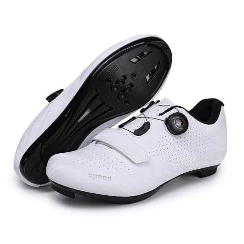 Treer Fahrradschuhe Herren Damen, Rennradschuhe mit Cleats SPD Schuhe Rennrad Schuh Mountain Bikes Schuhe, Kompatibel Outdoor Radschuhe Fahrrad Indoor Spin 36EU-47EU (Weiß,42) von Treer