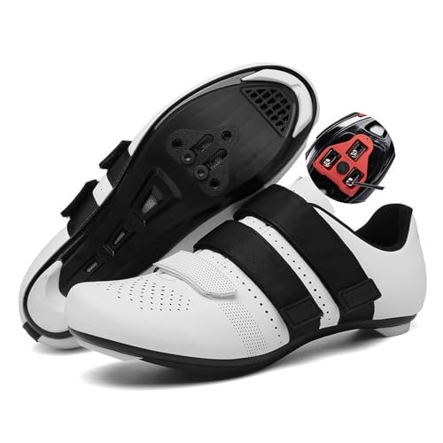Treer Fahrradschuhe Herren Damen 36-47 EU, Rennradschuhe Look SPD Cleats Schuhe Rennrad Schuh Mountain Bikes Schuhe Kompatibel Outdoor Radschuhe Fahrrad Indoor Spin (Weiß,42) von Treer