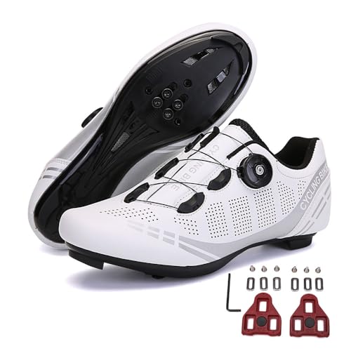 Treer Fahrradschuhe Herren Damen Rennradschuhe mit Cleats, SPD Schuhe Rennrad Schuhe Mountain Road Bikes Schuh Kompatibel Outdoor Radschuhe Fahrrad Indoor Spin 39 EU Weiß von Treer