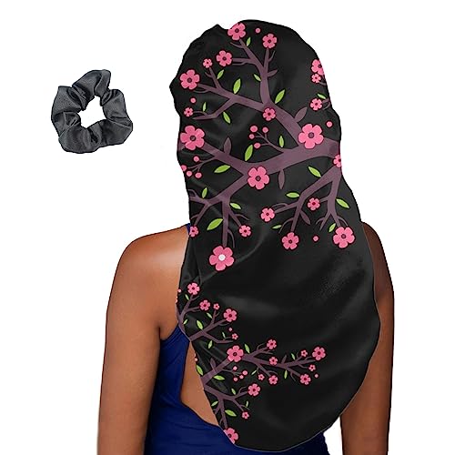 Treer Haarhaube für die Nacht Lange Haare, 3D Kirschblüten Drucken Damen Mädchen Schlafkappe für Haare 2 Stück Haarhaube Lange Haare Bonnet Schlafmütze (Baumzweig,Eine Größe) von Treer