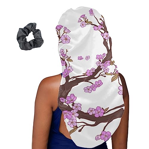 Treer Haarhaube für die Nacht Lange Haare, 3D Kirschblüten Drucken Damen Mädchen Schlafkappe für Haare 2 Stück Haarhaube Lange Haare Bonnet Schlafmütze (Lila Blumen,Eine Größe) von Treer