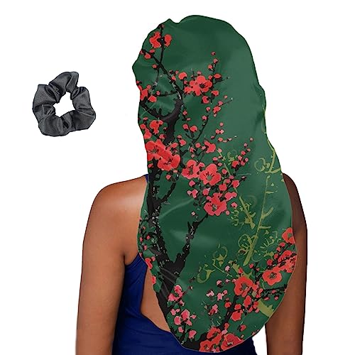 Treer Haarhaube für die Nacht Lange Haare, 3D Pfirsichblüte Drucken Damen Mädchen Schlafkappe für Haare Haarhaube Lange Haare Bonnet Schlafmütze für Lockiges Haar (2 Stücke,Baumzweig) von Treer