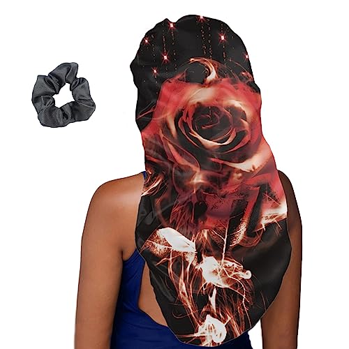 Treer Haarhaube für die Nacht Lange Haare, 3D Rosenblume Drucken Damen Mädchen Schlafkappe für Haare 2 Stück Haarhaube Lange Haare Bonnet Schlafmütze (Eine Größe,Flamme) von Treer