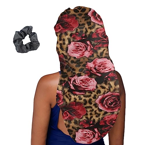 Treer Haarhaube für die Nacht Lange Haare, 3D Rosenblume Drucken Damen Mädchen Schlafkappe für Haare 2 Stück Haarhaube Lange Haare Bonnet Schlafmütze (Eine Größe,Leopard Drucken) von Treer