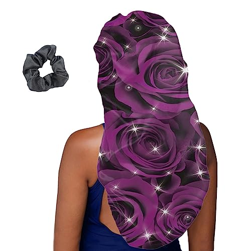 Treer Haarhaube für die Nacht Lange Haare, 3D Rosenblume Drucken Damen Mädchen Schlafkappe für Haare 2 Stück Haarhaube Lange Haare Bonnet Schlafmütze (Eine Größe,Lila Rosenblume) von Treer