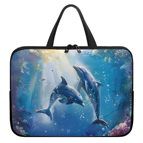 Treer Laptoptasche 10-17 Zoll, Delphin-Muster Handtasche Damen Herren, Laptop Tasche mit Reißverschluss, Wasserdichte Tragetasche Laptop Rucksack, Notebook Tasche für Business (Blau 1,10 Zoll) von Treer
