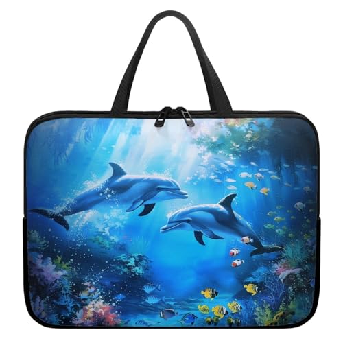 Treer Laptoptasche 10-17 Zoll, Delphin-Muster Handtasche Damen Herren, Laptop Tasche mit Reißverschluss, Wasserdichte Tragetasche Laptop Rucksack, Notebook Tasche für Business (Blau 2,15 Zoll) von Treer