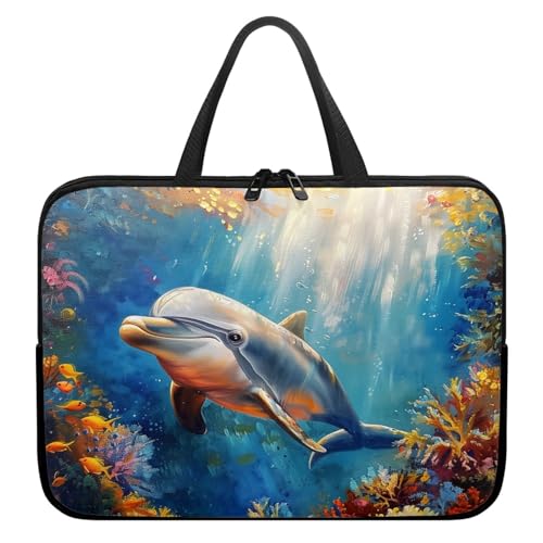 Treer Laptoptasche 10-17 Zoll, Delphin-Muster Handtasche Damen Herren, Laptop Tasche mit Reißverschluss, Wasserdichte Tragetasche Laptop Rucksack, Notebook Tasche für Business (Blau 3,10 Zoll) von Treer