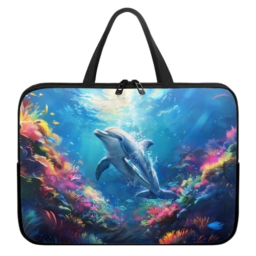Treer Laptoptasche 10-17 Zoll, Delphin-Muster Handtasche Damen Herren, Laptop Tasche mit Reißverschluss, Wasserdichte Tragetasche Laptop Rucksack, Notebook Tasche für Business (Blau 5,13 Zoll) von Treer
