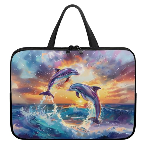 Treer Laptoptasche 10-17 Zoll, Delphin-Muster Handtasche Damen Herren, Laptop Tasche mit Reißverschluss, Wasserdichte Tragetasche Laptop Rucksack, Notebook Tasche für Business (Gelb,13 Zoll) von Treer