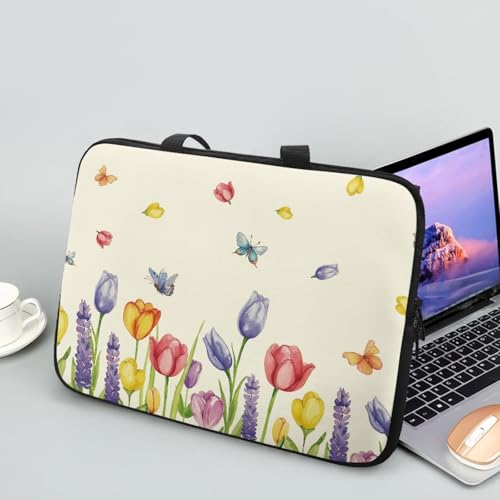 Treer Laptoptasche 10-17 Zoll, Tulpendruck Handtasche Damen Herren, Laptop Tasche mit Reißverschluss, Wasserdichte Tragetasche Laptop Rucksack, Notebook Tasche für Business/Schule (Beige,17 Zoll) von Treer