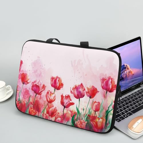 Treer Laptoptasche 10-17 Zoll, Tulpendruck Handtasche Damen Herren, Laptop Tasche mit Reißverschluss, Wasserdichte Tragetasche Laptop Rucksack, Notebook Tasche für Business/Schule (Rot,10 Zoll) von Treer