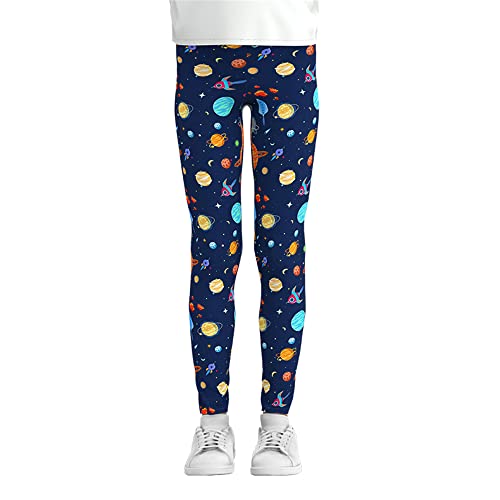 Treer Mädchen Leggings Kinder Stretch Knöchellang Hosen Kreativer Planet Druck Hosen Elastisch Lässig Atmungsaktiv Weich Leichte Leggings Strumpfhosen (120cm,Kleiner Planet) von Treer