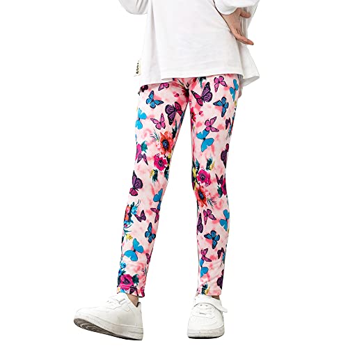 Treer Mädchen Leggings - Kinder Stretch Knöchellang Hosen Lang mit Modisch Bedruckte Design Lässig Atmungsaktiv Weich Leichte Leggings (Rosa Schmetterling,110) von Treer