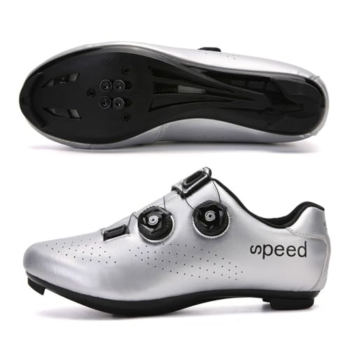 Treer Rennradschuhe Fahrradschuhe Herren Damen, Rennrad Schuh Mountain Bikes Schuhe Outdoor Radschuhe Fahrrad Indoor Spin, Kompatibel Look SPD-Cleats (Silber,47) von Treer