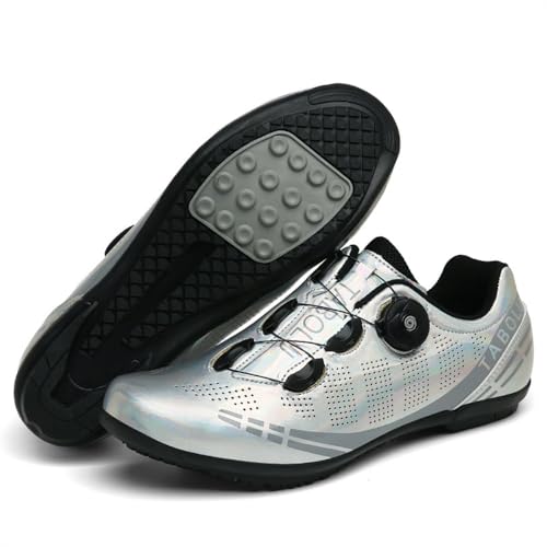 Treer Rennradschuhe Herren Damen,Gummisohle (Keine Cleats) Rennrad Schuhe Fahrradschuhe Schuh Mountain Bikes Schuhe, Kompatibel Outdoor Radschuhe Fahrrad Indoor Spin 36-47EU (#1 Silber,40) von Treer